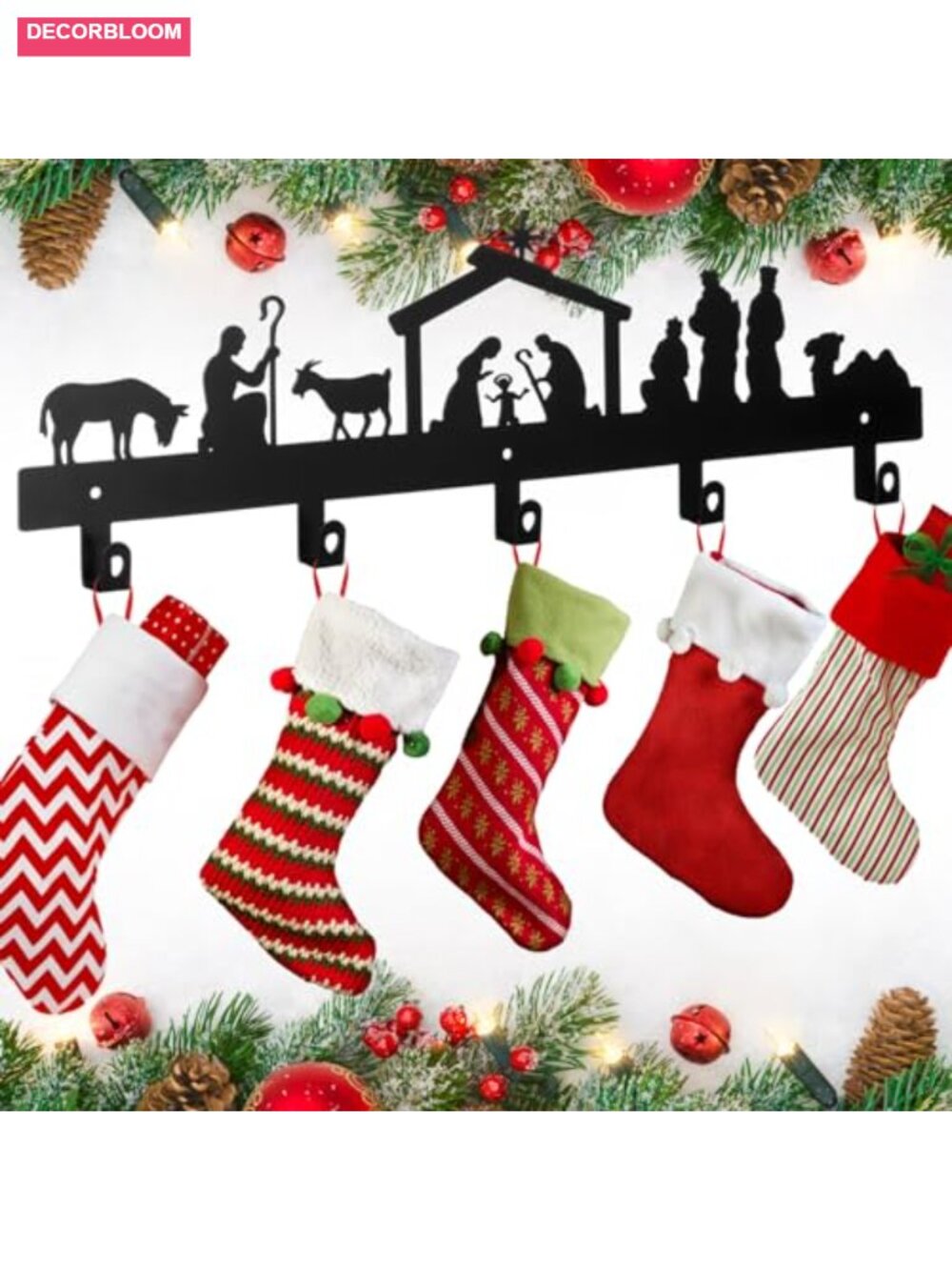 Christmas Stocking Wall Rack 5 Hook Iron Holder Mantel Mount Nativity Decor